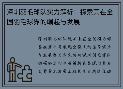 深圳羽毛球队实力解析：探索其在全国羽毛球界的崛起与发展