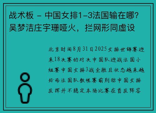 战术板 - 中国女排1-3法国输在哪？吴梦洁庄宇珊哑火，拦网形同虚设